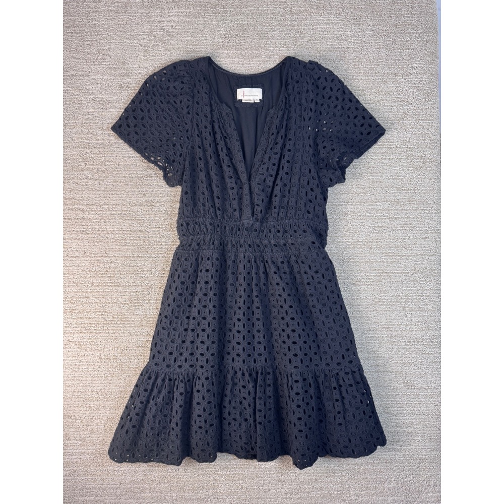Anthropologie Somerset Mini Black Eyelet Edition Dress V-Neck Smocked Tiered M